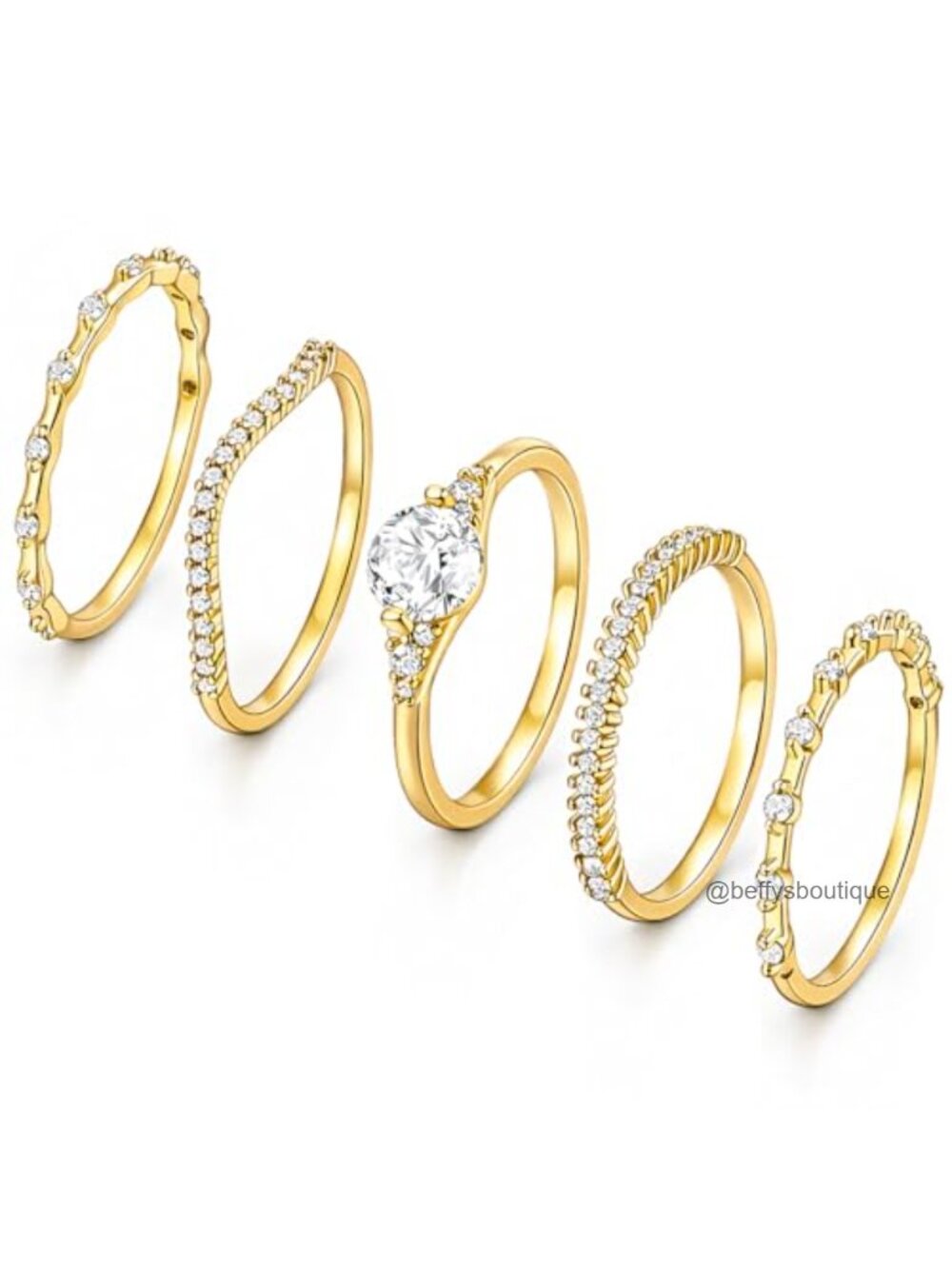 14K Gold Plated Stackable Cubic Zirconia Ring Set of 5 Non Tarnish